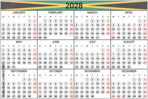 2028 Calendar Jamaica Holidays Native Language Horizontal High Res