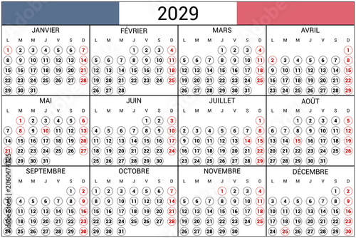 2029 Calendar France Holidays Native Language Horizontal High Res