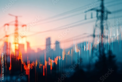Energy market data visualization with power transmission towers. Abstract electricity price chart and utility grid infrastructure. Financial analysis of power supply and demand