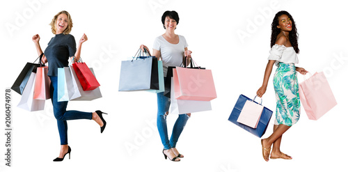 Konstfotografi PNG Joyful women carrying shopping bags on transparent background