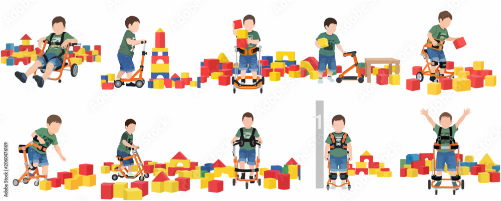 Fototapeta premium Set of vector illustrations depicting a young boy with physical disabilities using various mobility aids, walkers, and gait trainers while playing with building blocks and being active.