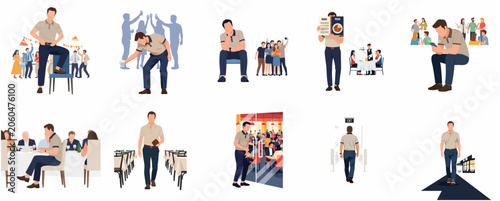 Fotografie Flat vector illustration set of an introverted man in social situations, parties, and restaurants, depicting themes of loneliness and social anxiety