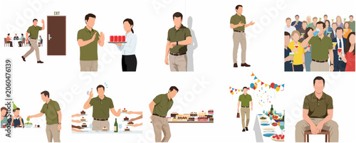 Photos Illustration set of a man making healthy choices at a party, resisting sugar and alcohol, choosing water and salad for weight loss and lifestyle change