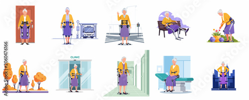 Senior woman using wearable robotic exoskeleton for mobility in various daily activities, flat vector illustration