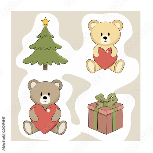 Cartoon Teddy Bears with Christmas and Valentine Elements
