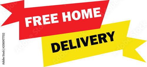 Free home delivery banner with red and yellow ribbons on white background