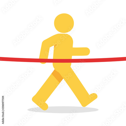 Minimalistic illustration of a yellow figure crossing a red finish line on a white background