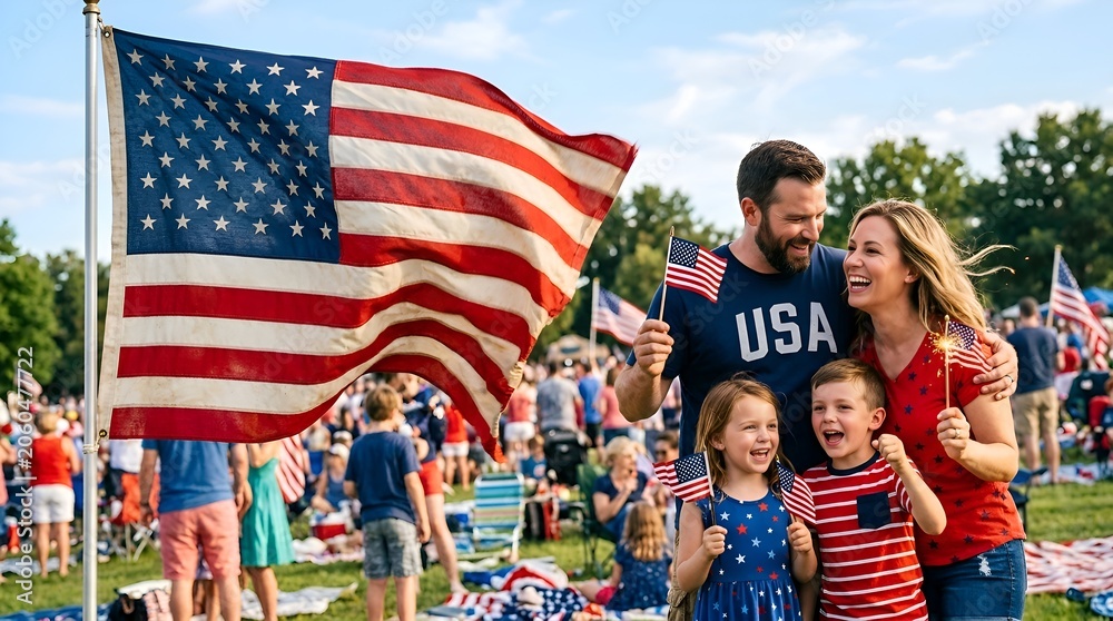 Obraz premium American Family Celebrates Independence Day with USA Flag and Fireworks