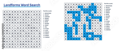 Landforms word search puzzle with highlighted answers in grid  