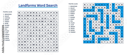 Obraz na plátně Landforms word search puzzle with highlighted answers and grid