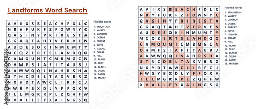 Landforms word search puzzle with answers on white background  