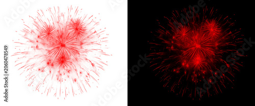 Obraz na płótnie Red firework explosion isolated on white and black backgrounds, vibrant pyrotech