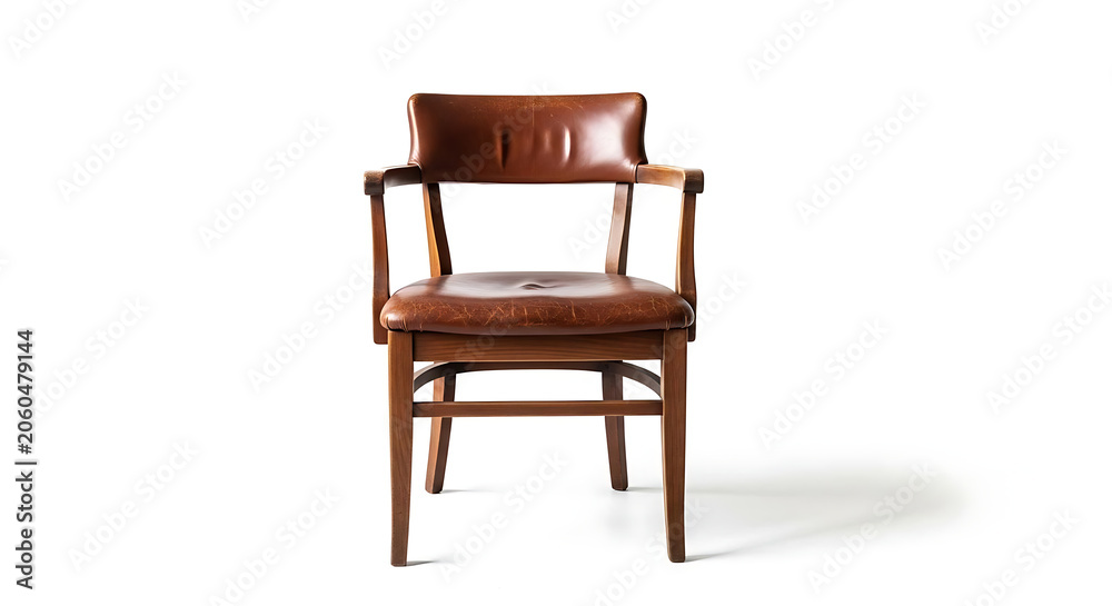 Fototapeta premium Vintage brown leather armchair with wooden frame isolated on white background
