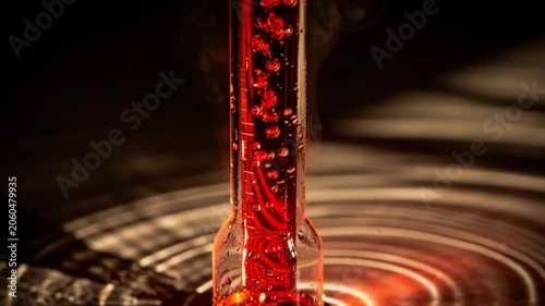 Close Up Macro View of a Rising Thermometer with Red Liquid Inside Quickly Moving Upwards to Show Intense Hot Temperature Heat Shimmer and Dramatic Lighting High Detail Stock Video