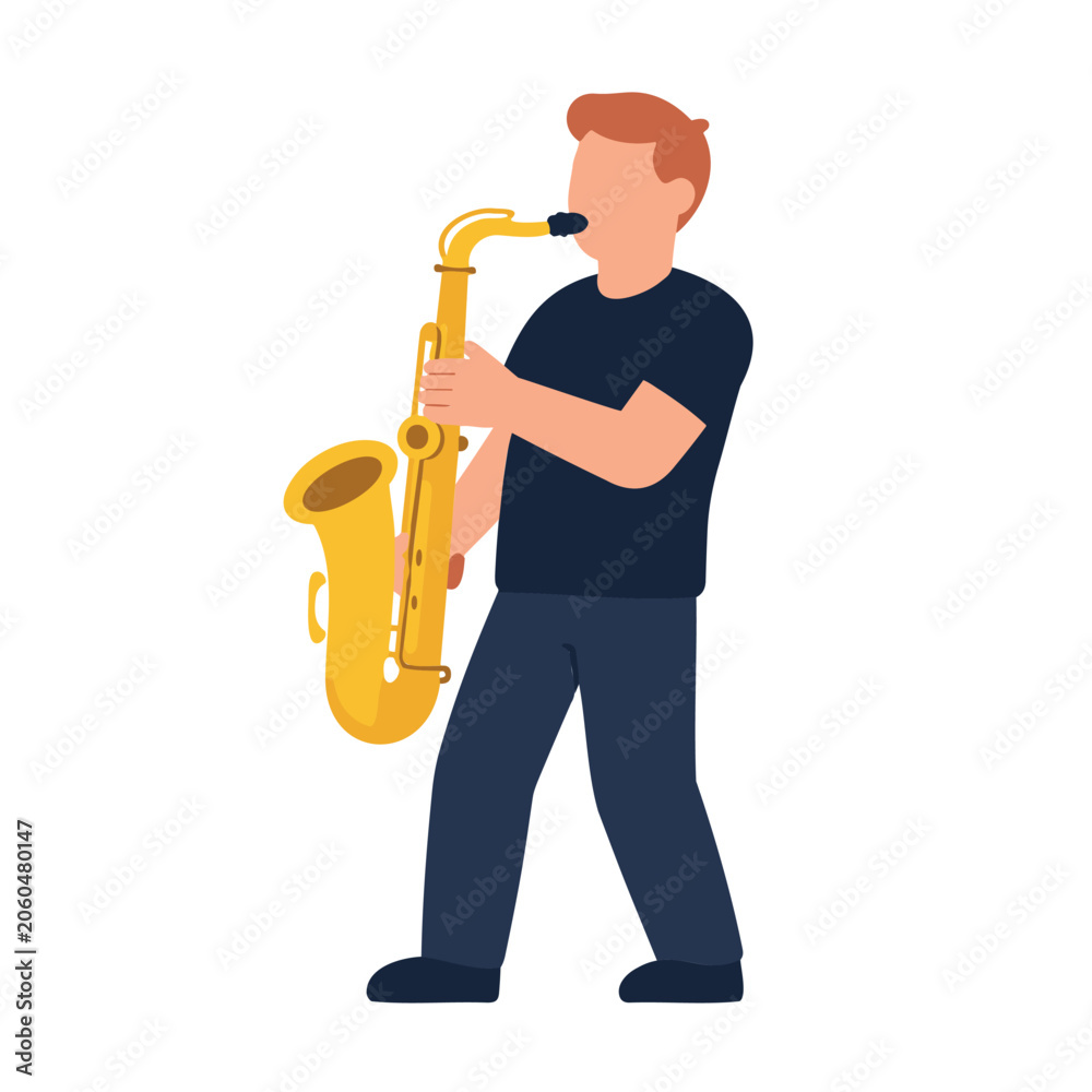 Fototapeta premium Man in dark clothing playing a shiny golden saxophone on a white backdrop