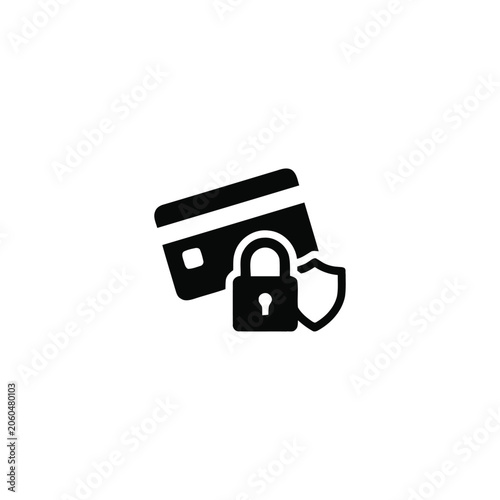 Black of a credit card paired with a padlock and a shield, representing secure financial transactions and data protection for banking