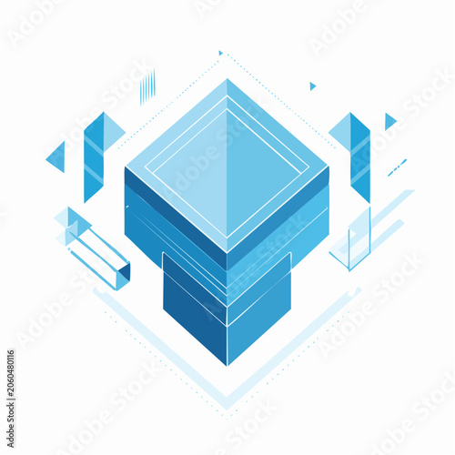 Abstract Geometric Cube with Blue Tones and Isometric View