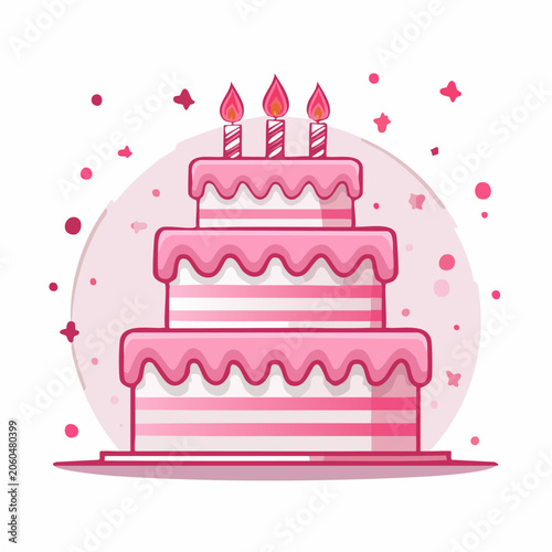 Pink Three-Tiered Birthday Cake with Candles and Confetti