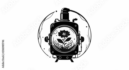 A single blooming flower protected within a futuristic, stylized glass dome with hands reaching out, symbolizing nurturing growth and innovation.