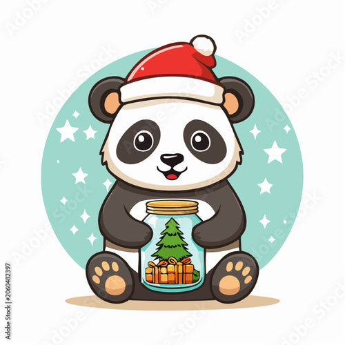 Cute Panda Wearing Santa Hat Holding Christmas Tree and Gifts in Jar