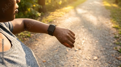Close up of a woman looking at her smartwatch device while exercising or running on a park path at sunset