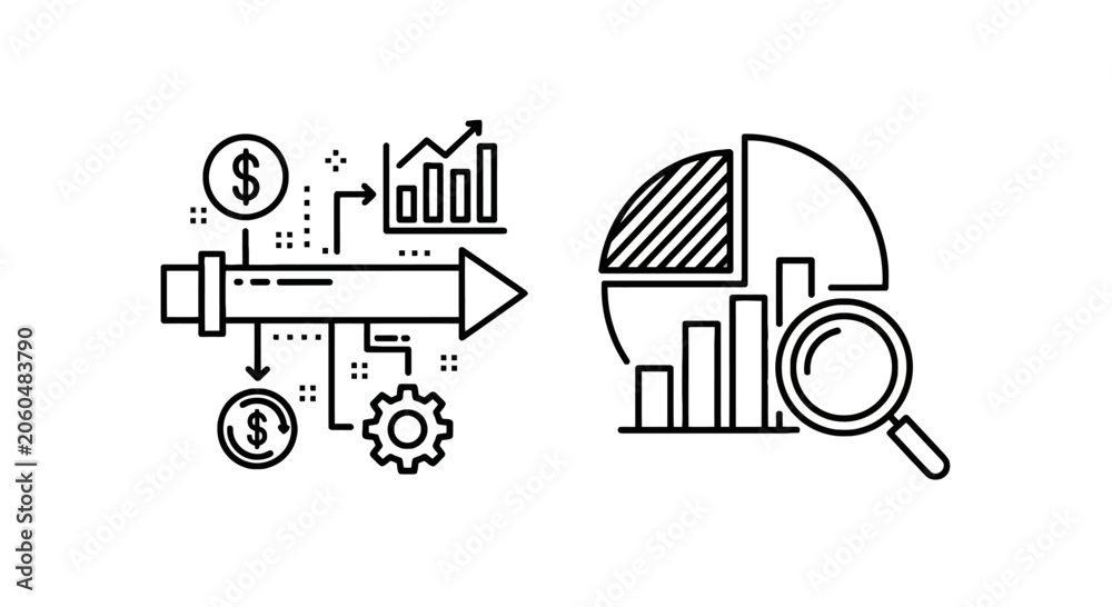 Fototapeta premium Business performance analysis and financial data icons depicting revenue growth and strategic investment research with business analysis investment