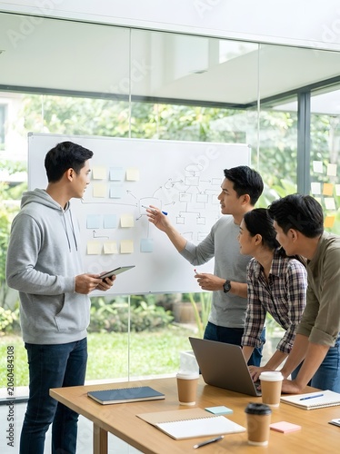 Creative Asian business team brainstorming ideas and drawing mind map on whiteboard in modern office