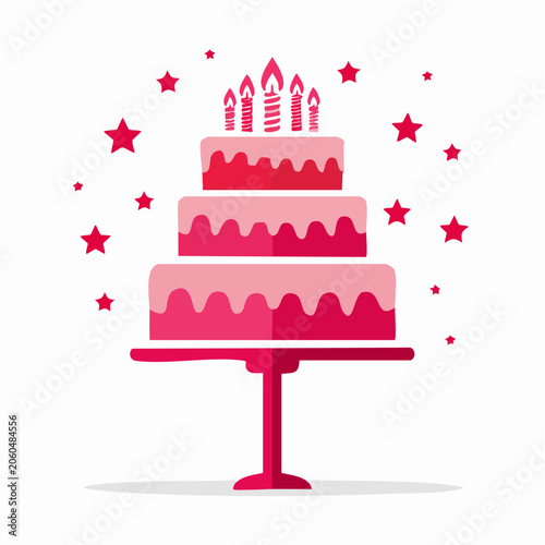 Three-tiered birthday cake with candles and stars