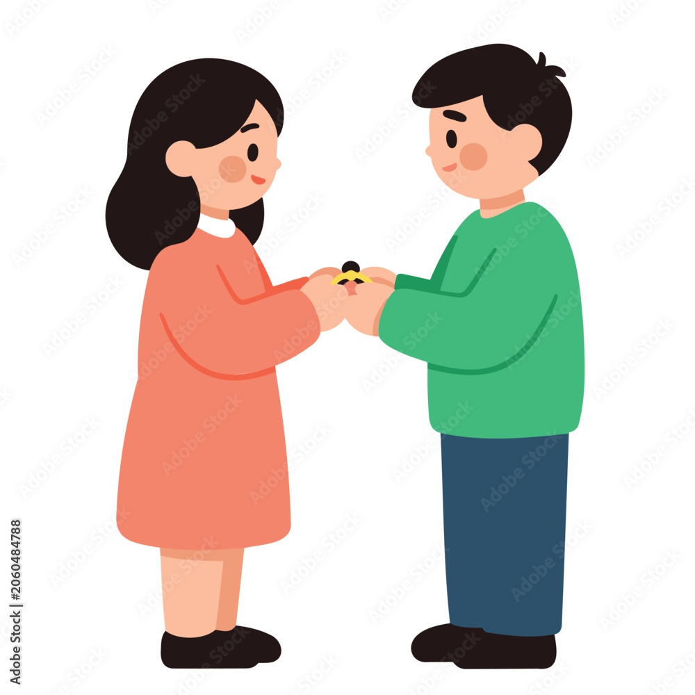 Fototapeta premium Happy couple exchanging wedding ring in cartoon style illustration on white background