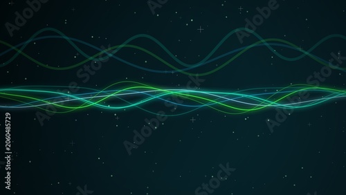 Billede på lærred A horizontal composition showcasing abstract flowing lines of light against a dark, starry background