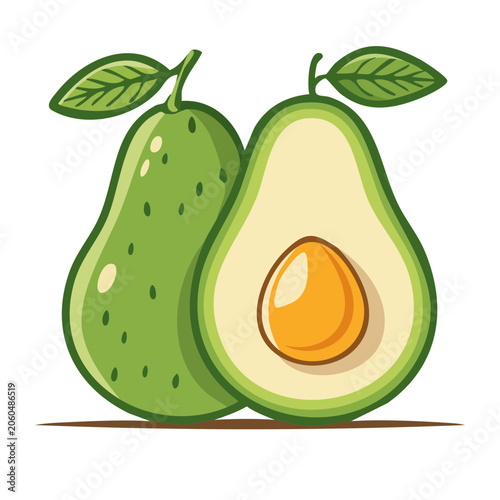 Flat Design Illustration of Whole and Halved Avocado