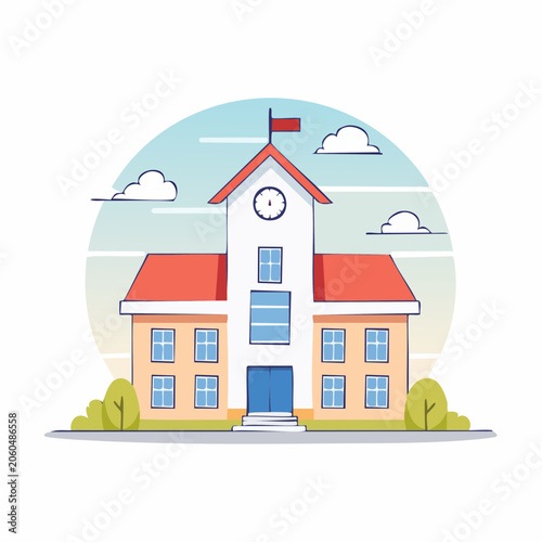 Illustration of a School Building with Clock Tower and Flag