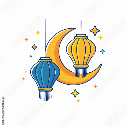 Ramadan Lanterns and Crescent Moon Illustration
