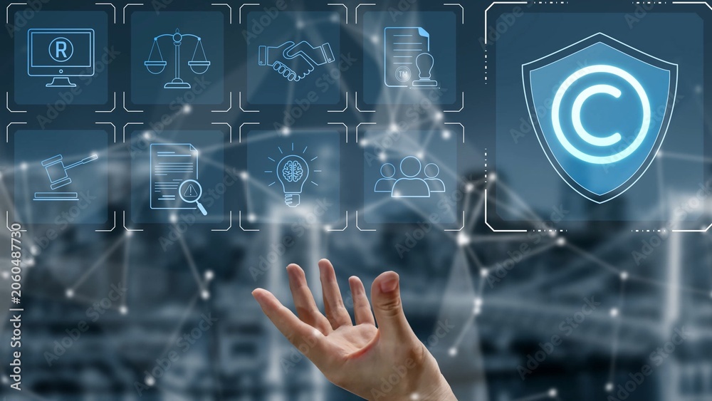 Obraz premium Digital copyright protection system showing secure ownership, intellectual property rights, content verification, and legal warning icons for creators and publishers Marrow