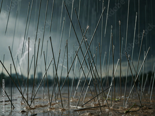 Surreal concept of metal sewing needles falling like rain in a dark stormy atmosphere. Generative AI.