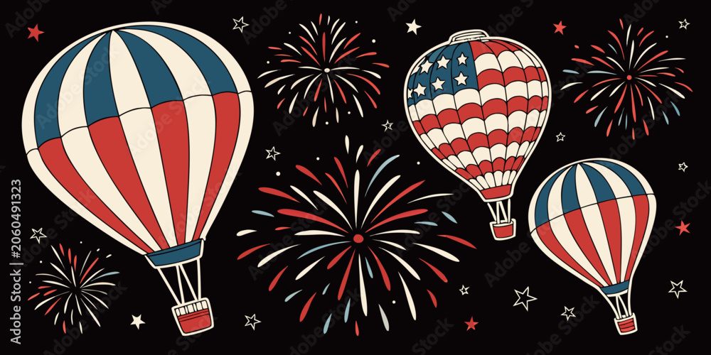 Obraz premium Patriotic hot air balloons and fireworks, vector