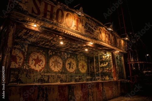 Vintage carnival game booth at night with stuffed animals