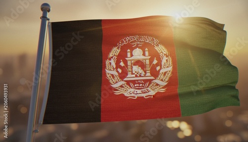 Bild auf Leinwand A high-quality 3D render of the national flag of Afghanistan waving against a soft, golden sunset background