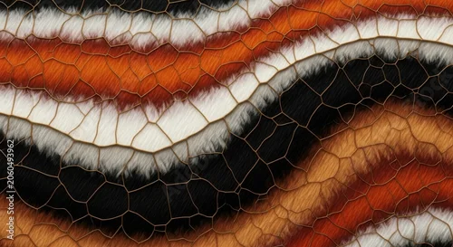 Fototapeta samoprzylepna Closeup of colorful butterfly wing with orange white and black patterns and veins isolated on transparent background