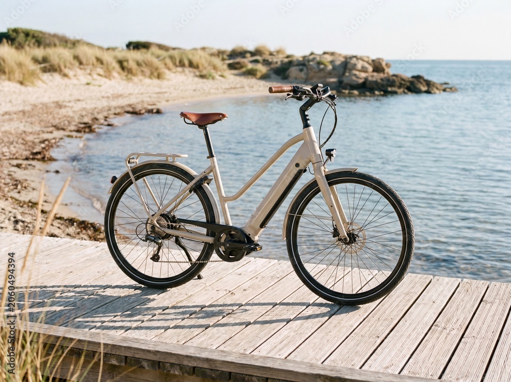 Fototapeta premium Beige electric bicycle, fully captured, bright and professional photography, no logo, on a wooden deck right next to a quiet sea shore.