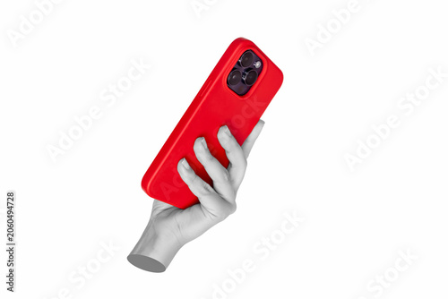 Surreal collage with grey statue hand holding a red smartphone isolated on white background. Contemporary art mockup about technology and digital life