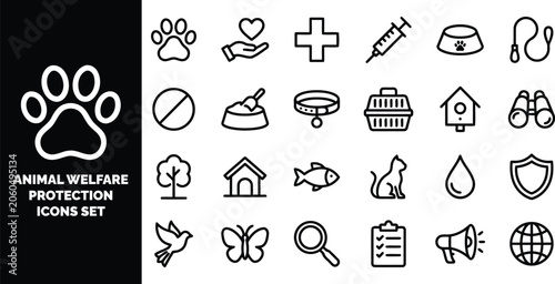 Foto Animal welfare and pet care line set, featuring paw prints, veterinary symbols,