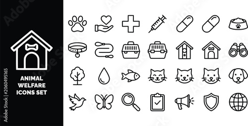 Foto Animal welfare set, linear symbols of pets, veterinary care, wildlife, and pet s