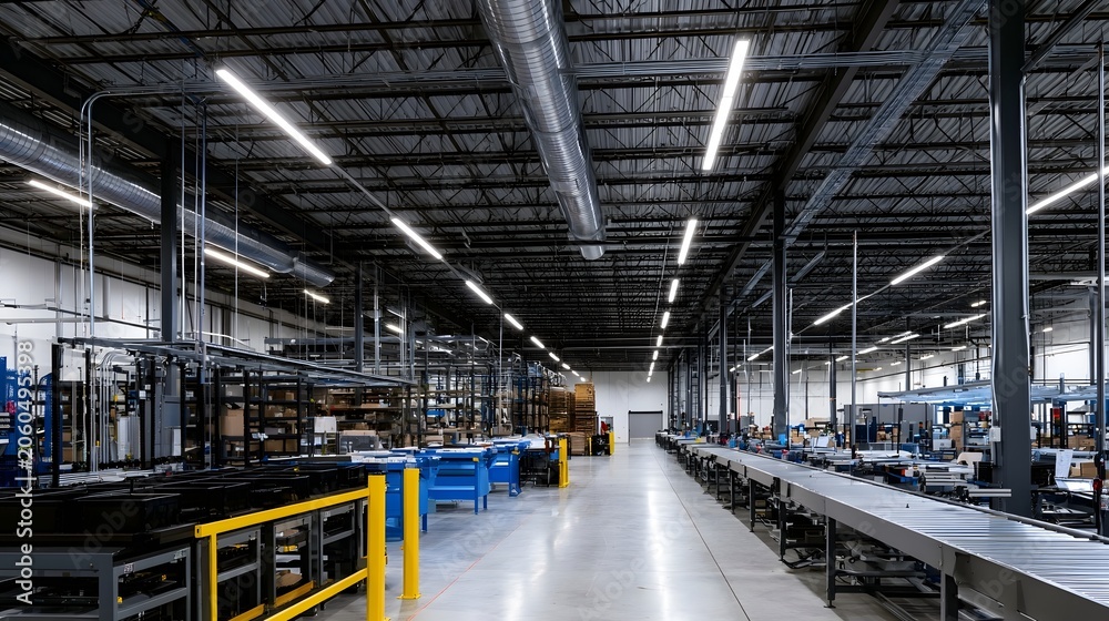Fototapeta premium A dynamic view of a structured industrial facility showcasing balanced illumination and modern architectural design
