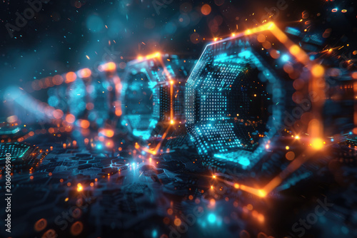 Glowing Crystalline Digital Shield with Flowing Binary Data
