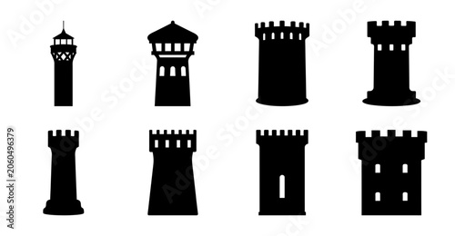 Photos Medieval castle tower and battlement illustrations - Eight stylized black and white vector icons of medieval castle towers and battlements for graphic design use