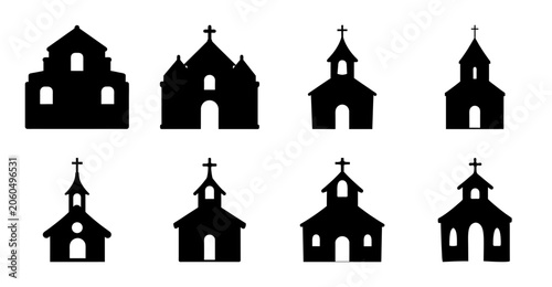 Quadro su tela Eight stylized church building icons - Simple black silhouette icons of different church architectural styles in a clean, minimalist design for easy use