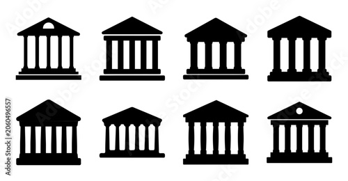 Photos Set of eight classic architectural columns - Eight stylish black and white Greek-style columns arranged in two rows of four, clean and modern vector icons