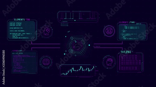 Animated display with infographic elements and programming codes