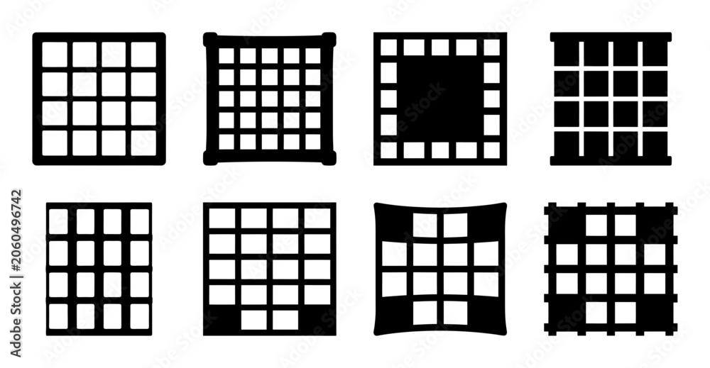 Fototapeta premium Grid patterns with missing squares illustration - Eight stylized black grid patterns with various missing squares in a clean, minimalist design.